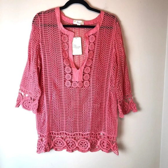 Misia | Pink Crochet V-neck Blouse Swim Cover - Picture 1 of 5